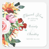 Watercolor Sunflower Peony Wedding Thank You   スクエアシール (正面)