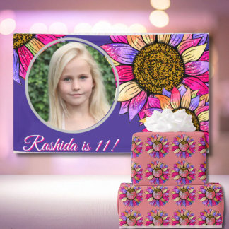 Watercolor Sunflower Pink & Purple Chic Birthday 横断幕