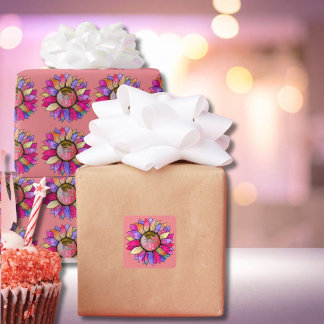 Watercolor Sunflower Summer Pink & Purple スクエアシール