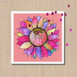 Watercolor Sunflower Summer Pink & Purple スタンダードカクテルナプキン