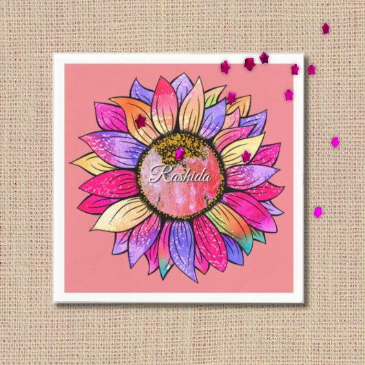 Watercolor Sunflower Summer Pink & Purple  スタンダードカクテルナプキン