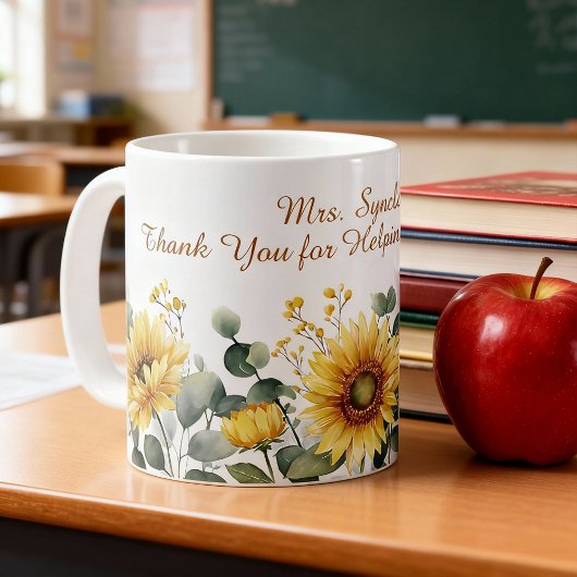 Watercolor Sunflower Teacher Appreciation Script コーヒーマグカップ