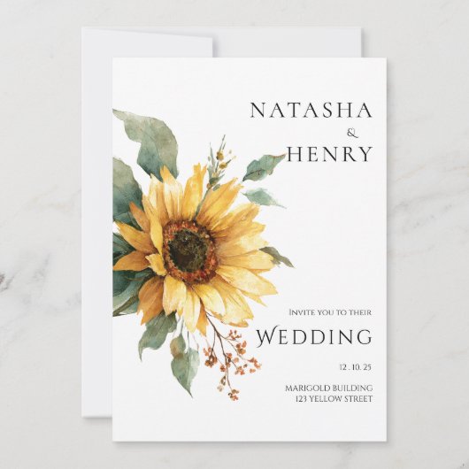 Watercolor Sunflower Wedding Rustic Boho Yellow  招待状 (裏面)