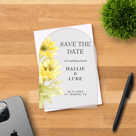 Watercolor Sunflower Wedding Save the Date Arch アクリル招待状 (インサイチュ (招待状))