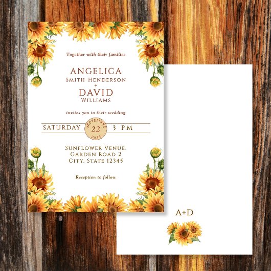 Watercolor Sunflower White Wedding Invitation 招待状