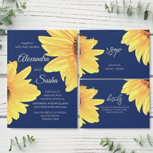 Watercolor Sunflowers dark blue Wedding 出欠カード