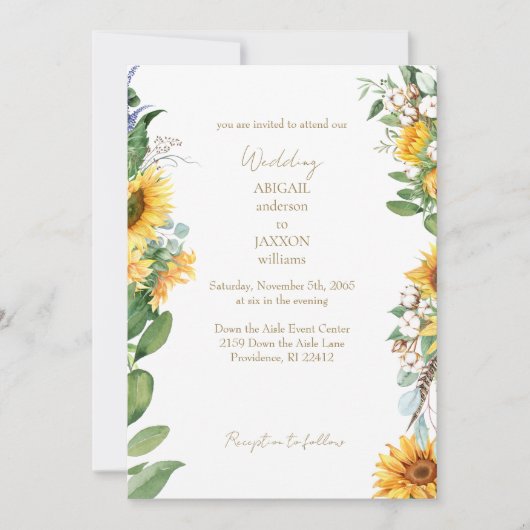 Watercolor Sunflowers Gold Text Wedding 招待状 (正面)