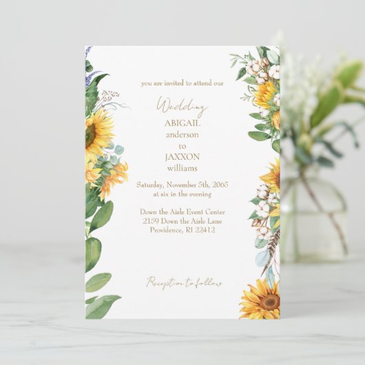 Watercolor Sunflowers Gold Text Wedding 招待状 (スタンド正面)