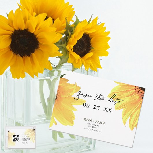 Watercolor Sunflowers Wedding QR Code セーブザデート