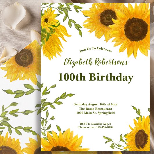 Watercolor Sunflowers Women's 100th Birthday 招待状