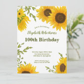 Watercolor Sunflowers Women's 100th Birthday 招待状 (スタンド正面)