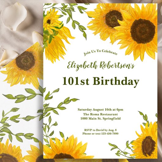Watercolor Sunflowers Women's 101st Birthday  招待状