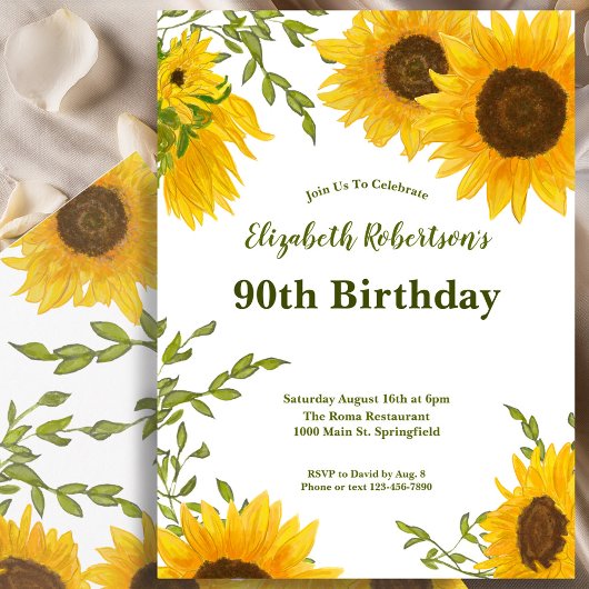 Watercolor Sunflowers Women's 90th Birthday  招待状