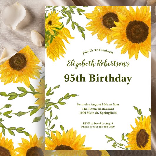 Watercolor Sunflowers Women's 95th Birthday  招待状