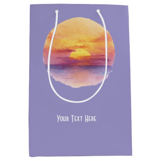 Watercolor Sunset Ocean Horizon Aesthetic Round St ミディアムペーパーバッグ (正面)