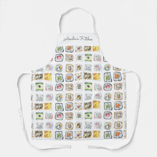 Watercolor Sushi Rolls Pattern White エプロン (正面)