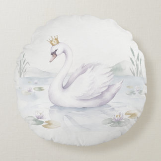 Watercolor Swan Princess Round Decorative Pillow ラウンドクッション