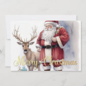 Watercolor Sweet Santa with Reindeer カード (正面)