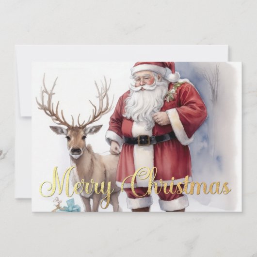 Watercolor Sweet Santa with Reindeer カード (正面)