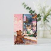 Watercolor Tabby Cat Barista Serving Bear ポストカード (スタンド正面)