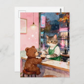 Watercolor Tabby Cat Barista Serving Bear ポストカード (正面/裏面)