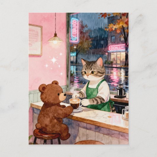 Watercolor Tabby Cat Barista Serving Bear ポストカード (正面)
