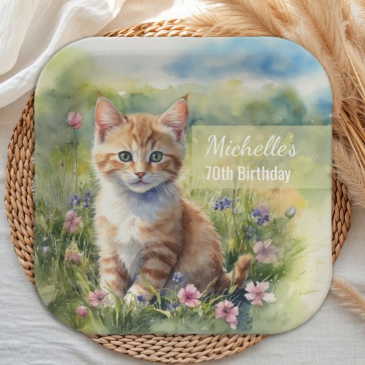 Watercolor Tabby Cat Pet Meadow 70th Birthday ペーパープレート