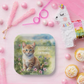 Watercolor Tabby Cat Pet Meadow 70th Birthday ペーパープレート (パーティー)