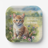 Watercolor Tabby Cat Pet Meadow 70th Birthday ペーパープレート (正面)