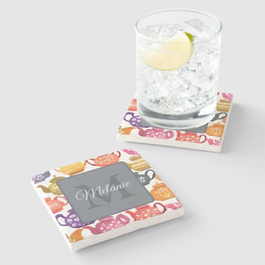 Watercolor Teapot Pattern Peronalised Monogram ストーンコースター (横)