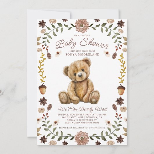 Watercolor Teddy Bear Baby Shower 招待状 (正面)