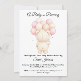 Watercolor Teddy Bear Balloons Pink Baby Shower 招待状