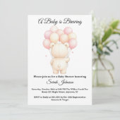 Watercolor Teddy Bear Balloons Pink Baby Shower 招待状 (スタンド正面)