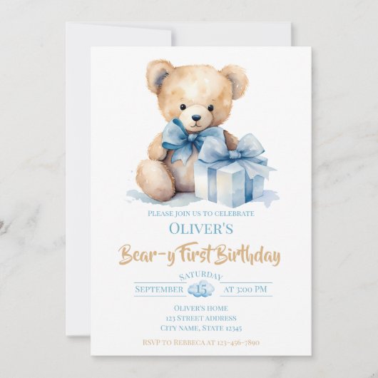 Watercolor Teddy Bear Bear-y First Birthday Party 招待状 (正面)