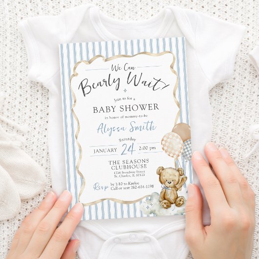 Watercolor Teddy Bear Bearly Wait Baby Boy Shower 招待状