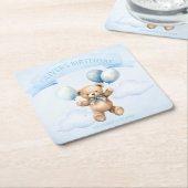 Watercolor Teddy Bear & Gift First Birthday スクエアペーパーコースター (アングル)