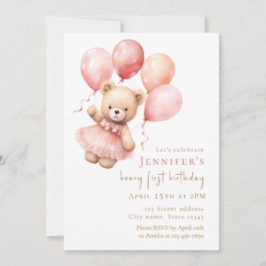 Watercolor Teddy Bear Girl 1st Birthday 招待状 (正面)