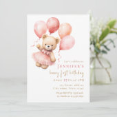 Watercolor Teddy Bear Girl 1st Birthday 招待状 (スタンド正面)