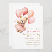 Watercolor Teddy Bear Girl 1st Birthday 招待状 (正面/裏面)