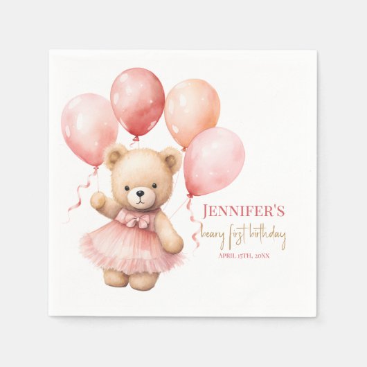 Watercolor Teddy Bear Girl 1st Birthday Napkins スタンダードカクテルナプキン (正面)