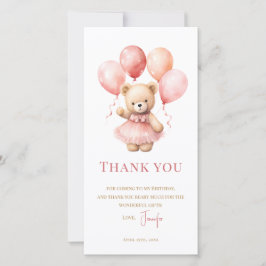Watercolor Teddy Bear Girl 1st Birthday Thank You サンキューカード