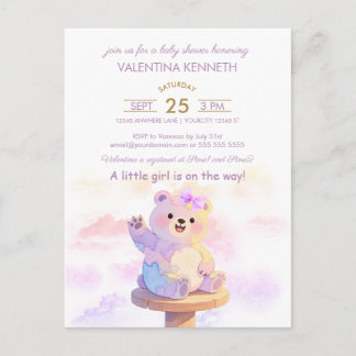 Watercolor Teddy Bear Girl Baby Shower Invitation ポストカード