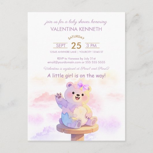 Watercolor Teddy Bear Girl Baby Shower Invitation ポストカード (正面)