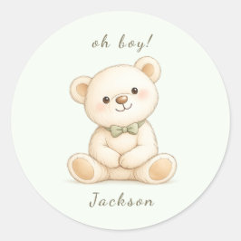 Watercolor Teddy Bear Oh Boy Baby Shower  ラウンドシール