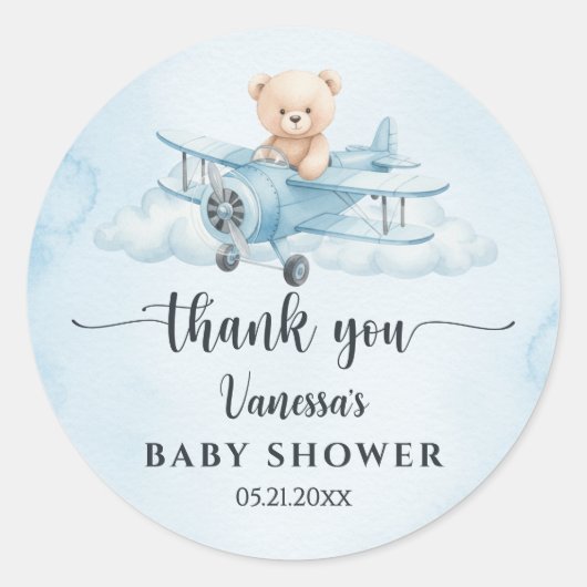 Watercolor Teddy Bear Pilot Baby Shower Thank You ラウンドシール (正面)