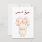 Watercolor Teddy Bear Pink Balloons Baby Shower サンキューカード (正面)