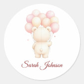 Watercolor Teddy Bear Pink Balloons Baby Shower ラウンドシール (正面)