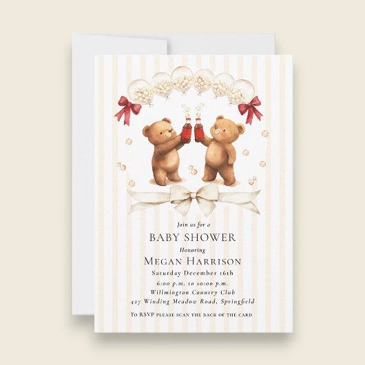 Watercolor Teddy Bear "Ready to Pop" Baby Shower 招待状