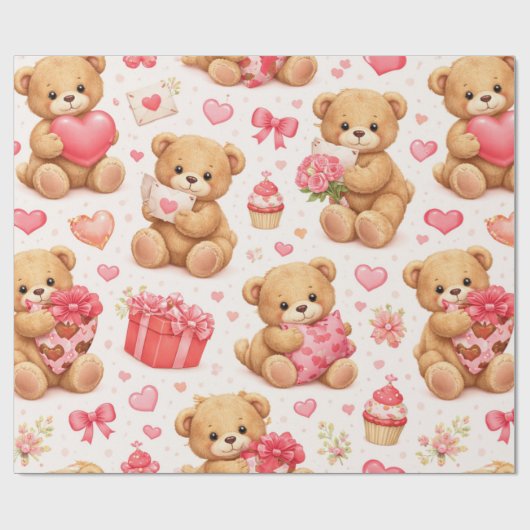 Watercolor Teddy Bear Valentine's Day Pattern ラッピングペーパー (フラット)