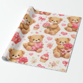 Watercolor Teddy Bear Valentine's Day Pattern ラッピングペーパー (アンロールド)